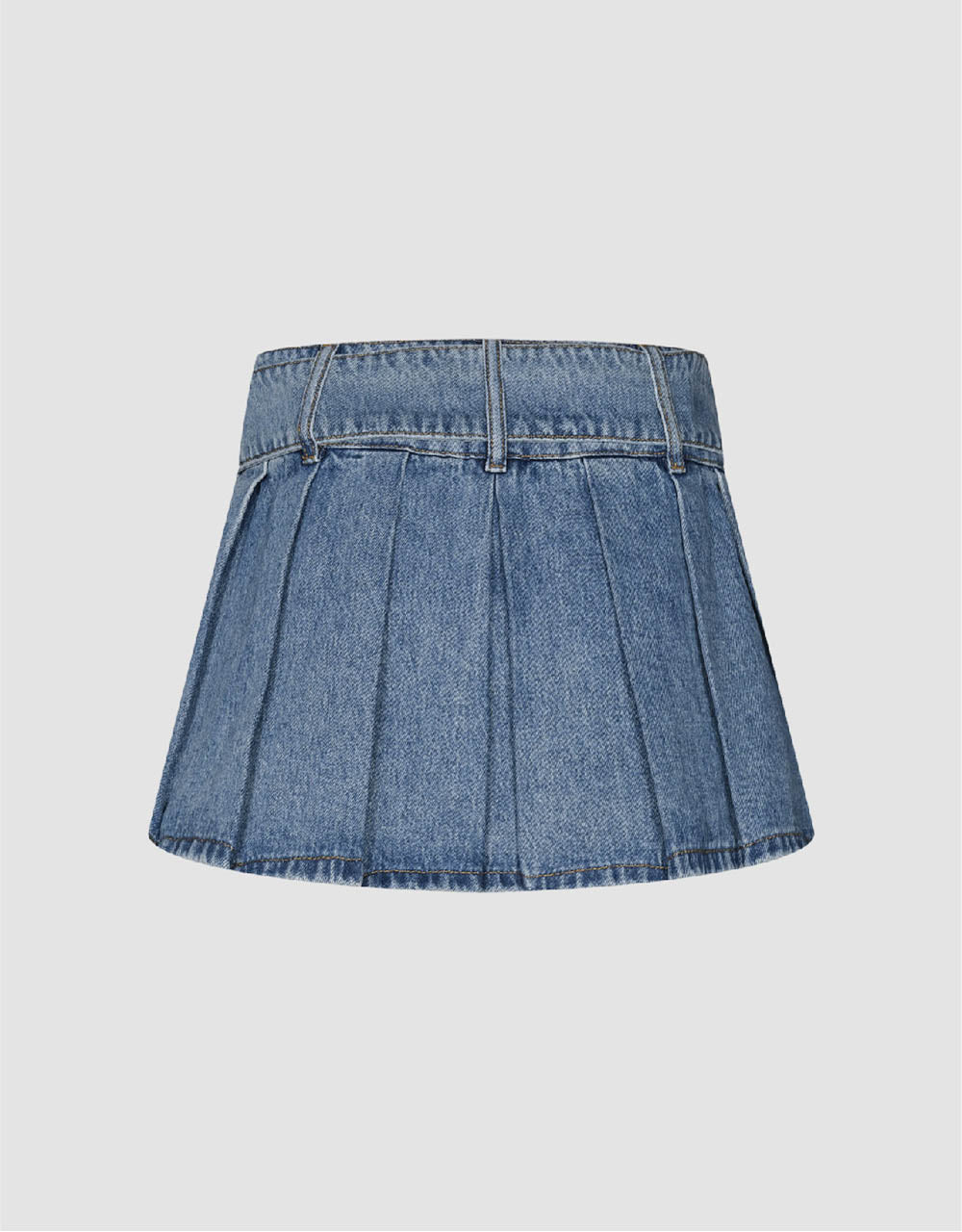 Pleated Mini A-Line Denim Skirt With Belt