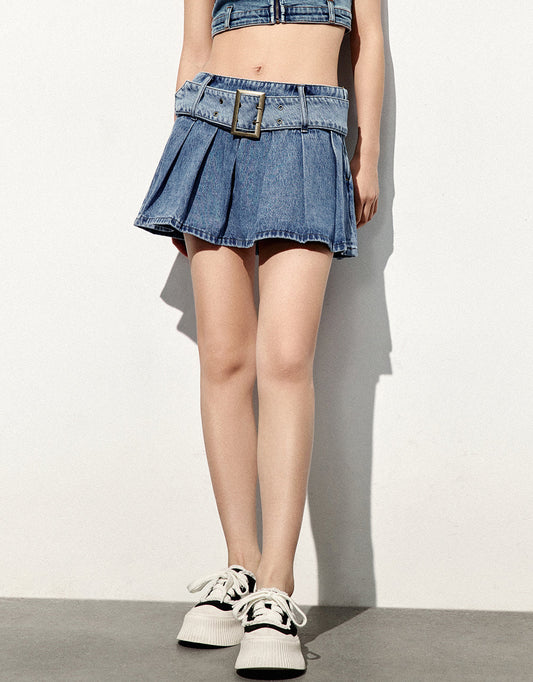 Pleated Mini A-Line Denim Skirt With Belt