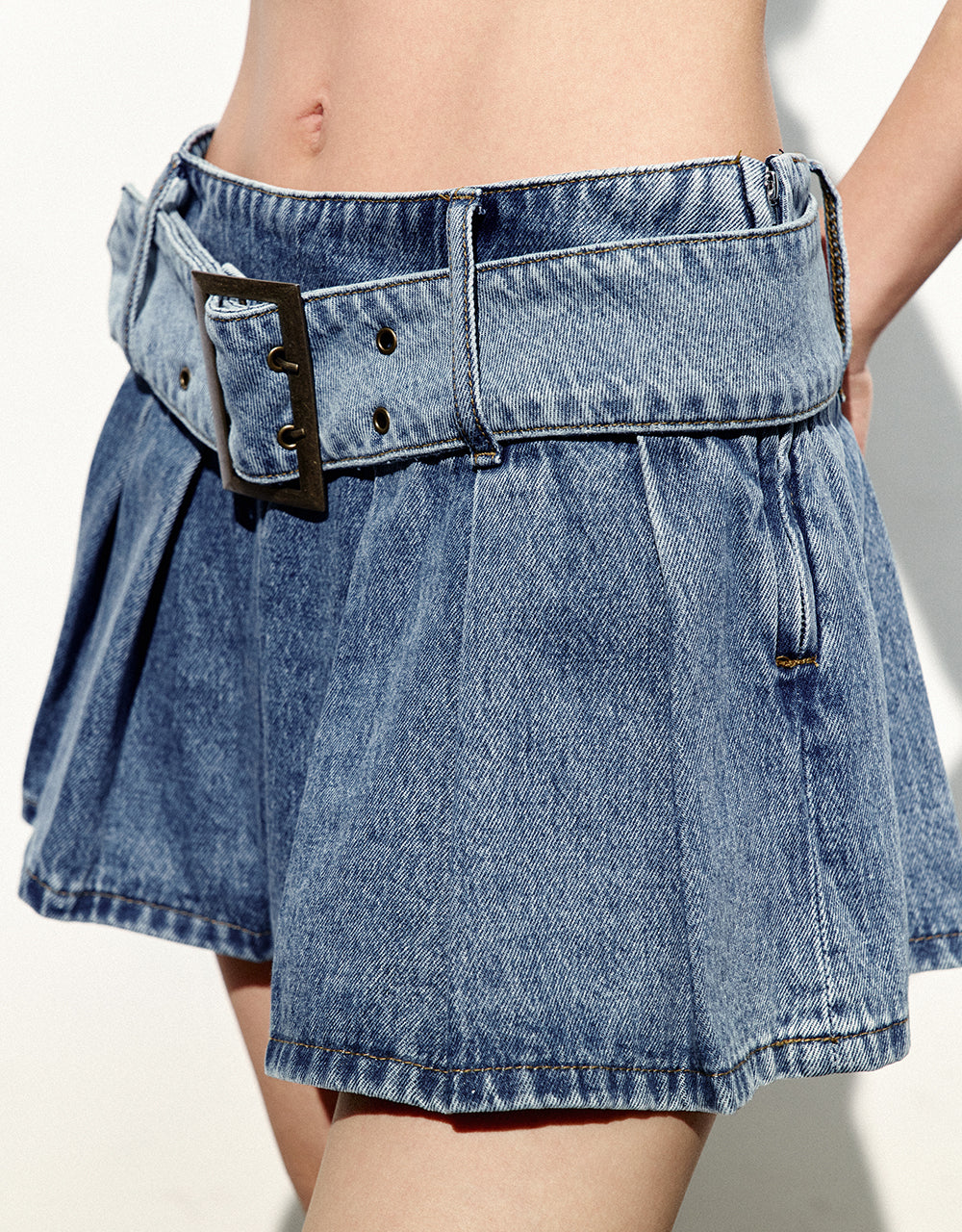 Pleated Mini A-Line Denim Skirt With Belt