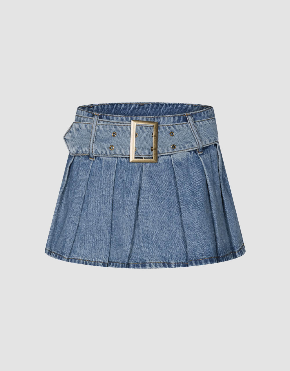 Pleated Mini A-Line Denim Skirt With Belt