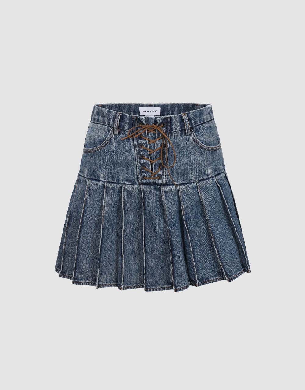 Pleated Lace Up Mini Denim Skirt