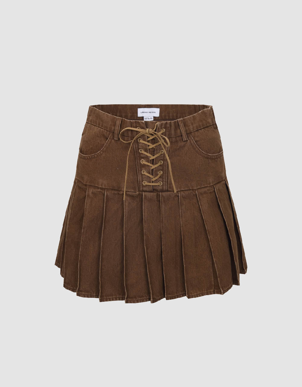 Lace Up Pleated Mini A-Line Denim Skirt