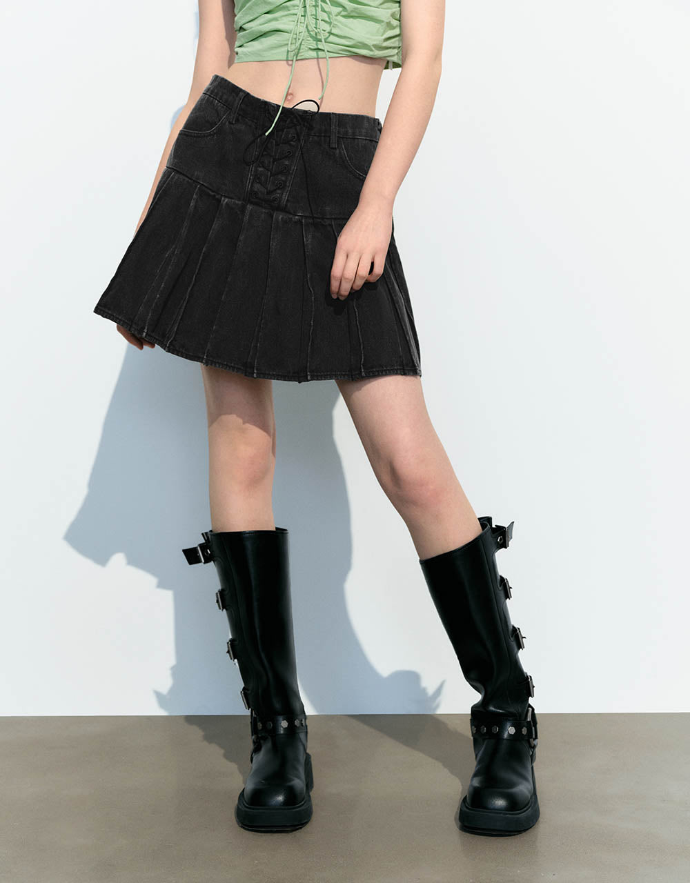 Pleated Mini A-Line Denim Skirt