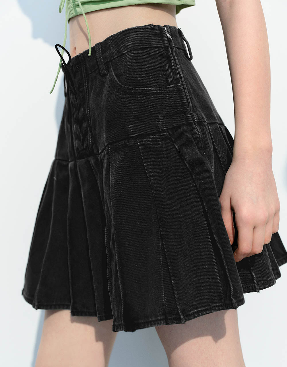 Pleated Mini A-Line Denim Skirt