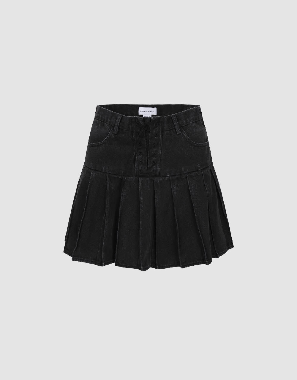 Pleated Mini A-Line Denim Skirt