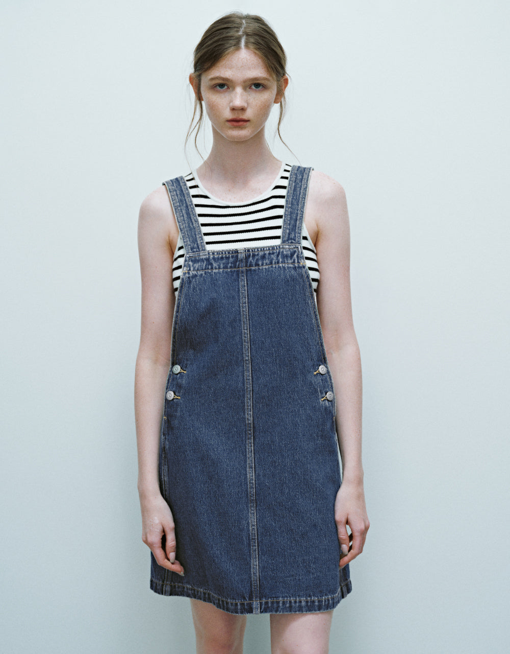 Square-cut Collar Denim Pinafore Dress