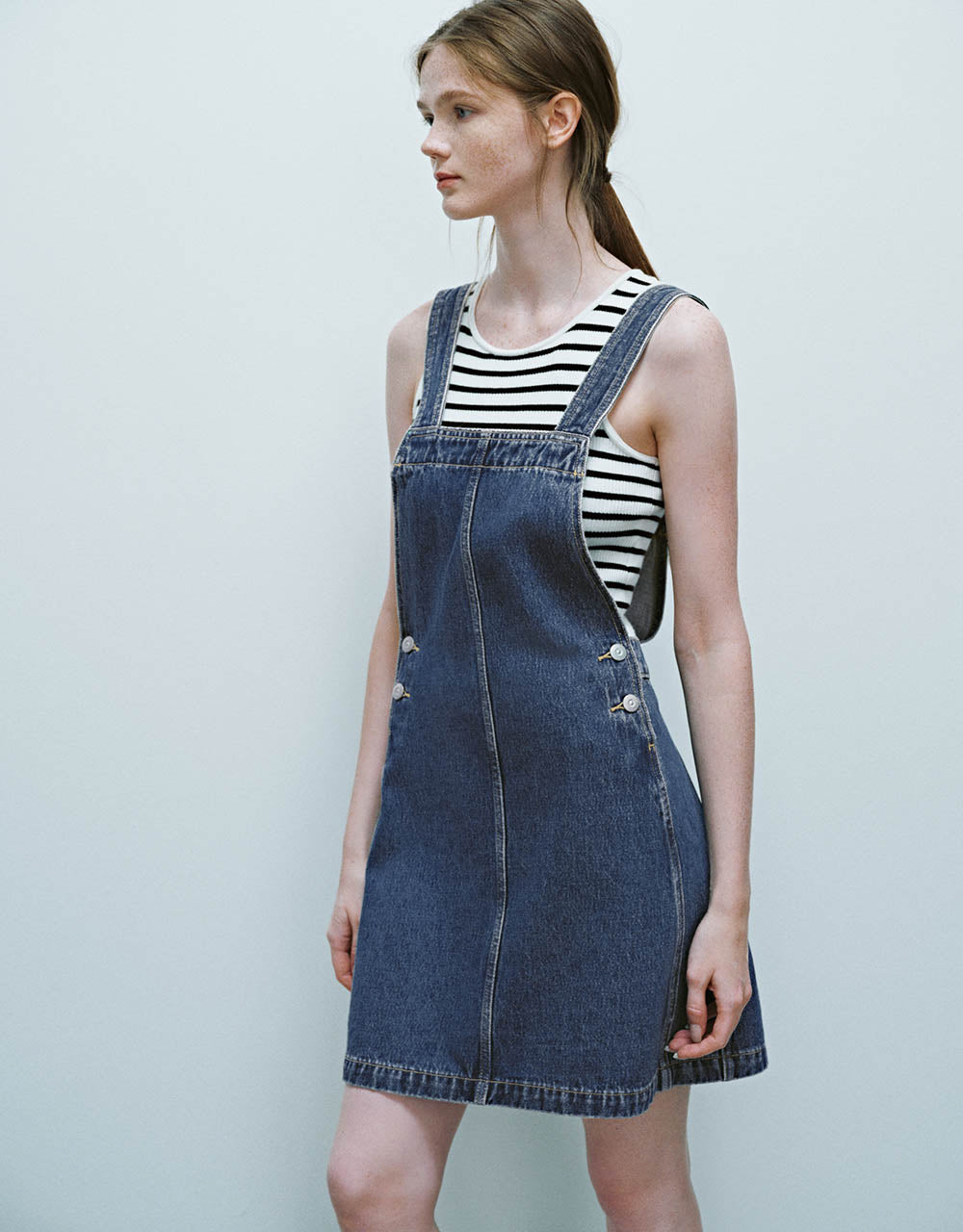 Square-cut Collar Denim Pinafore Dress