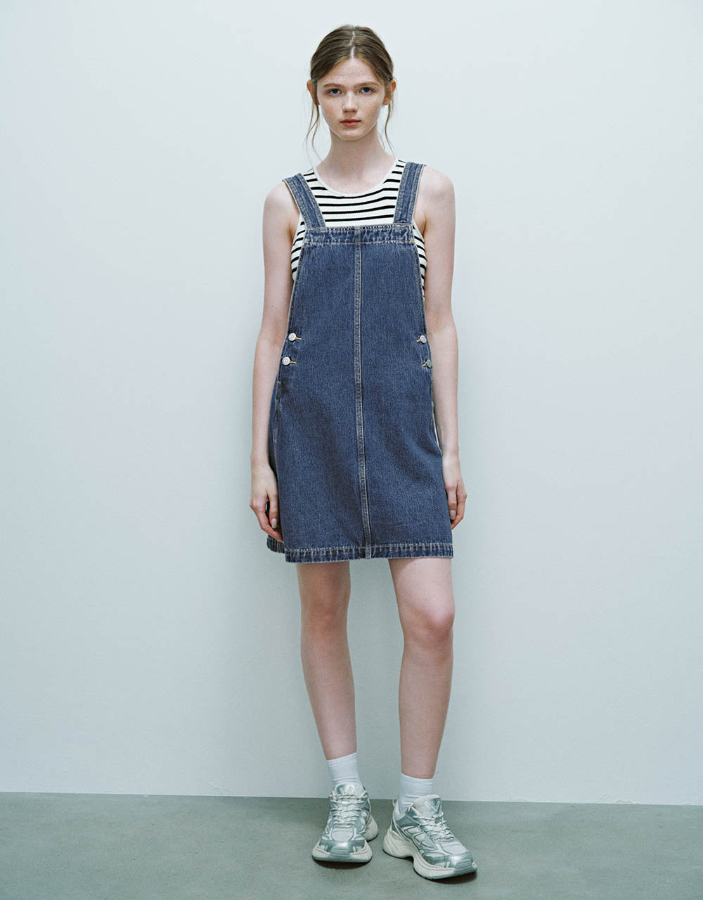 Square-cut Collar Denim Pinafore Dress