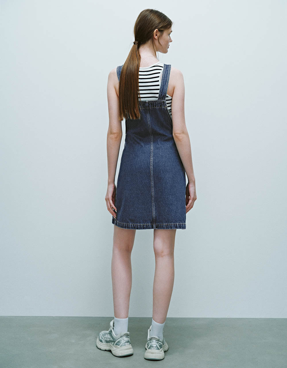 Square-cut Collar Denim Pinafore Dress