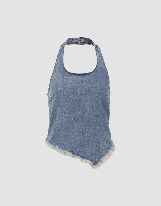 Raw Hem Halter Neck Denim Vest