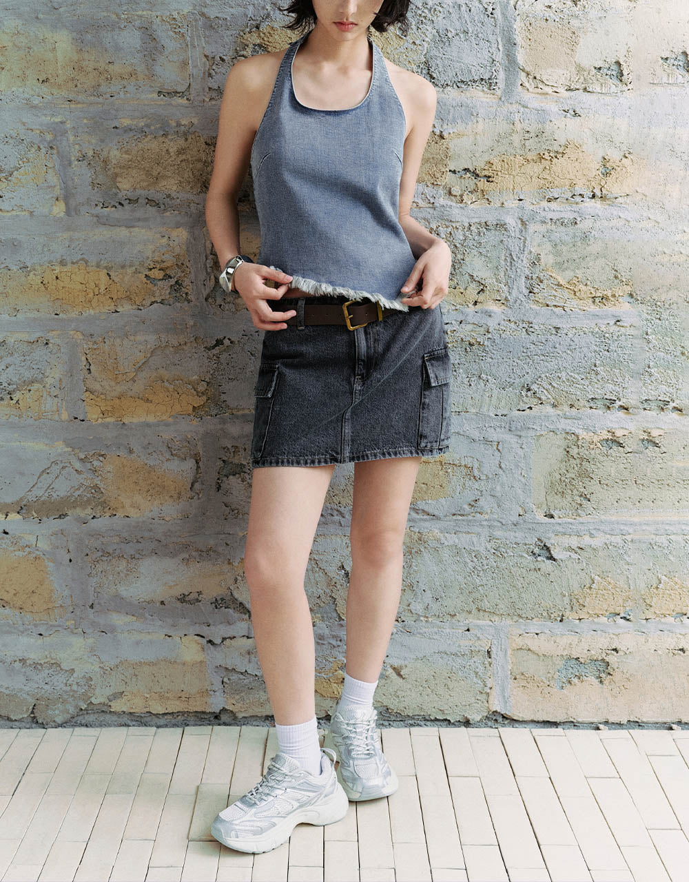 Raw Hem Halter Neck Denim Vest