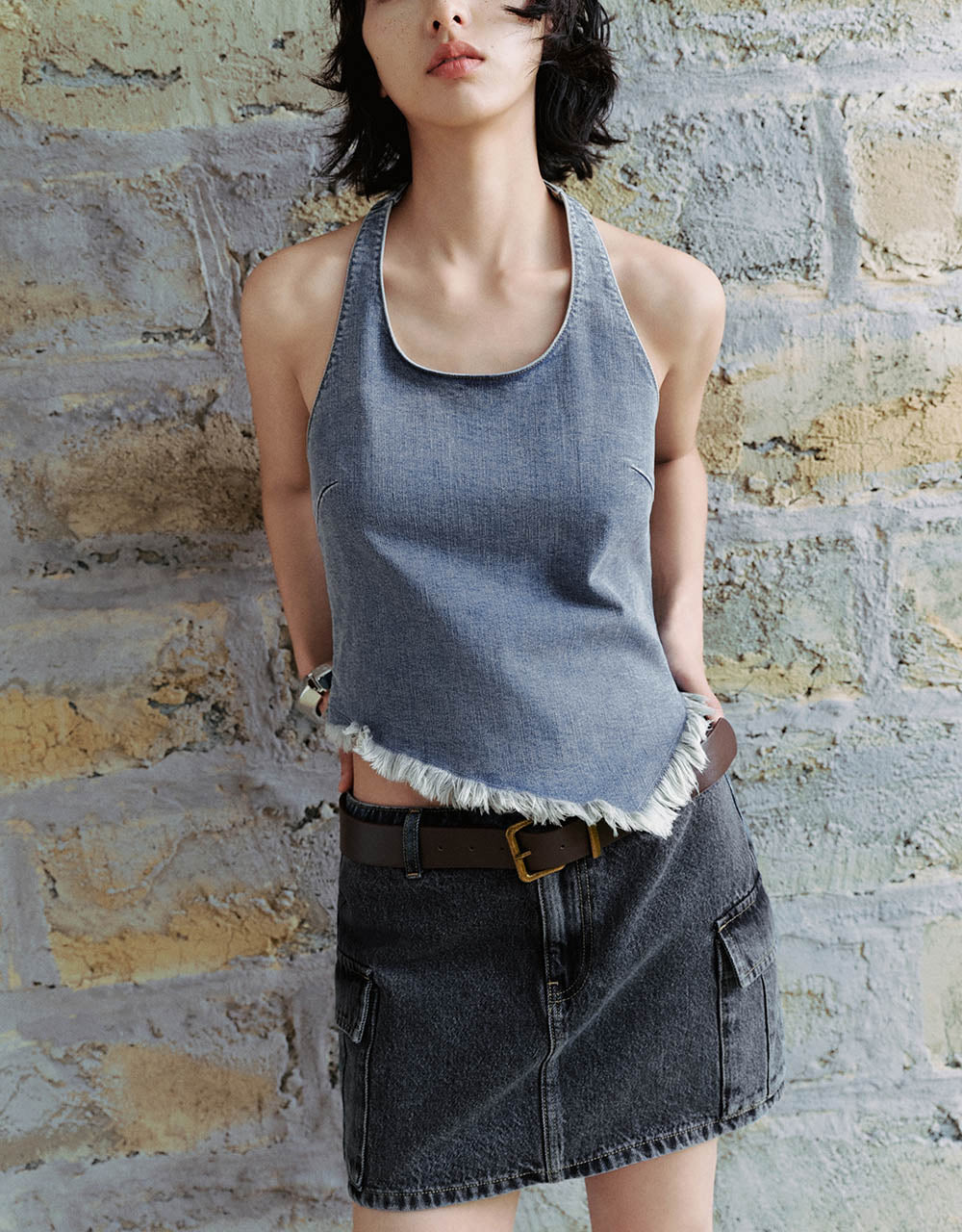 Raw Hem Halter Neck Denim Vest