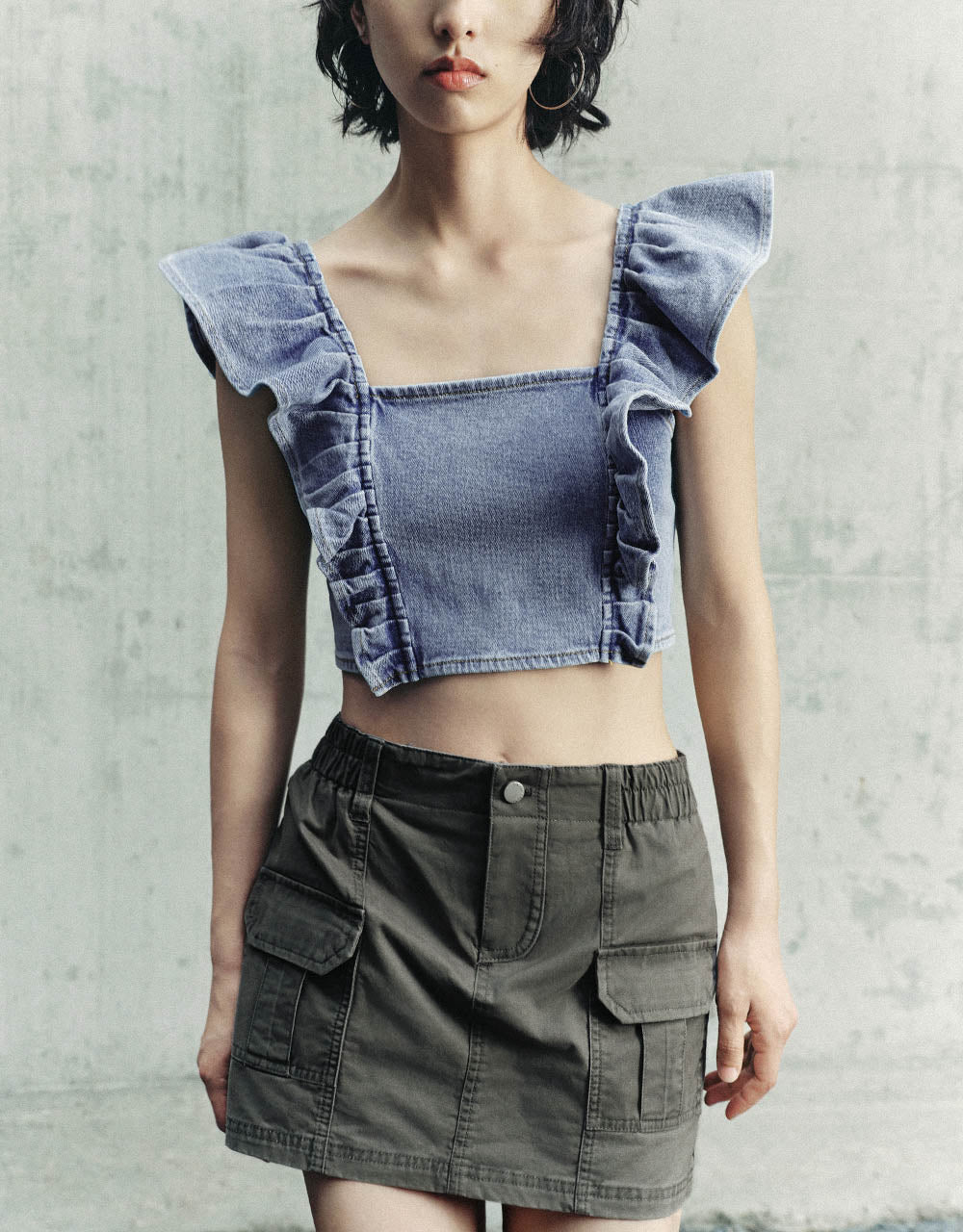 Ruffle Sleeveless Denim Shirt