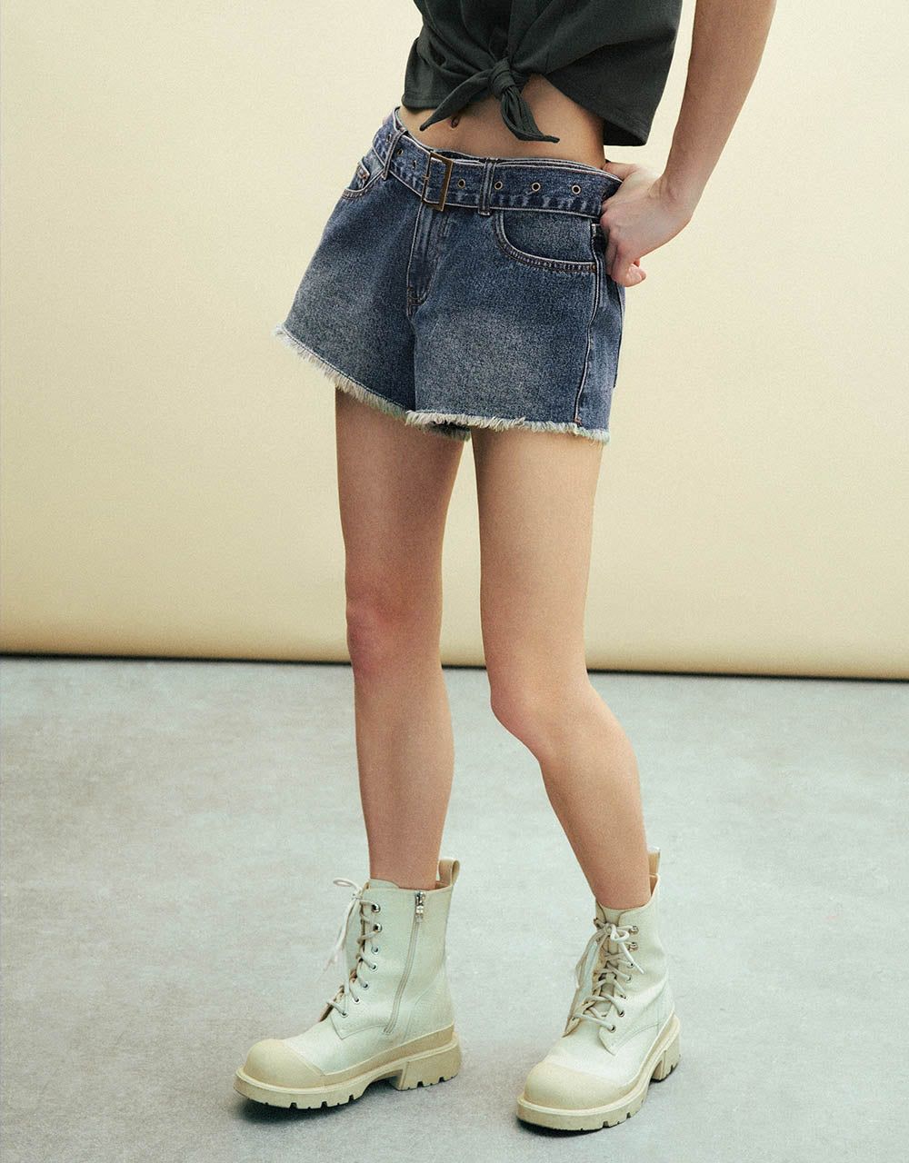 Raw Hem Denim Shorts With Belt