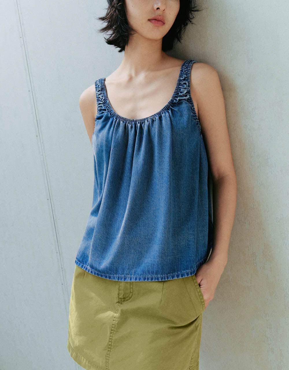 Sleeveless U Neck Denim Blouse