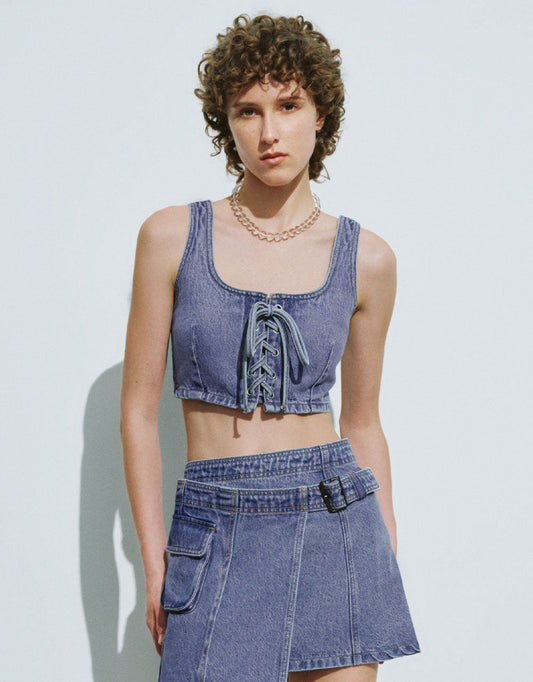 Lace Up Front U Neck Denim Tank Top