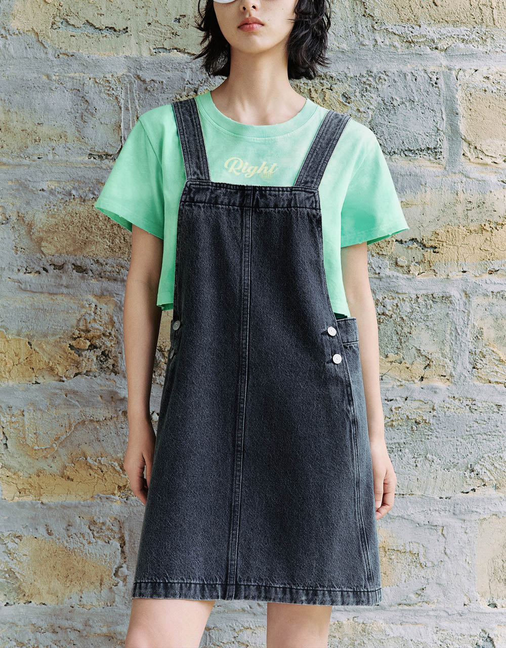 Square-cut Collar Denim Pinafore Dress