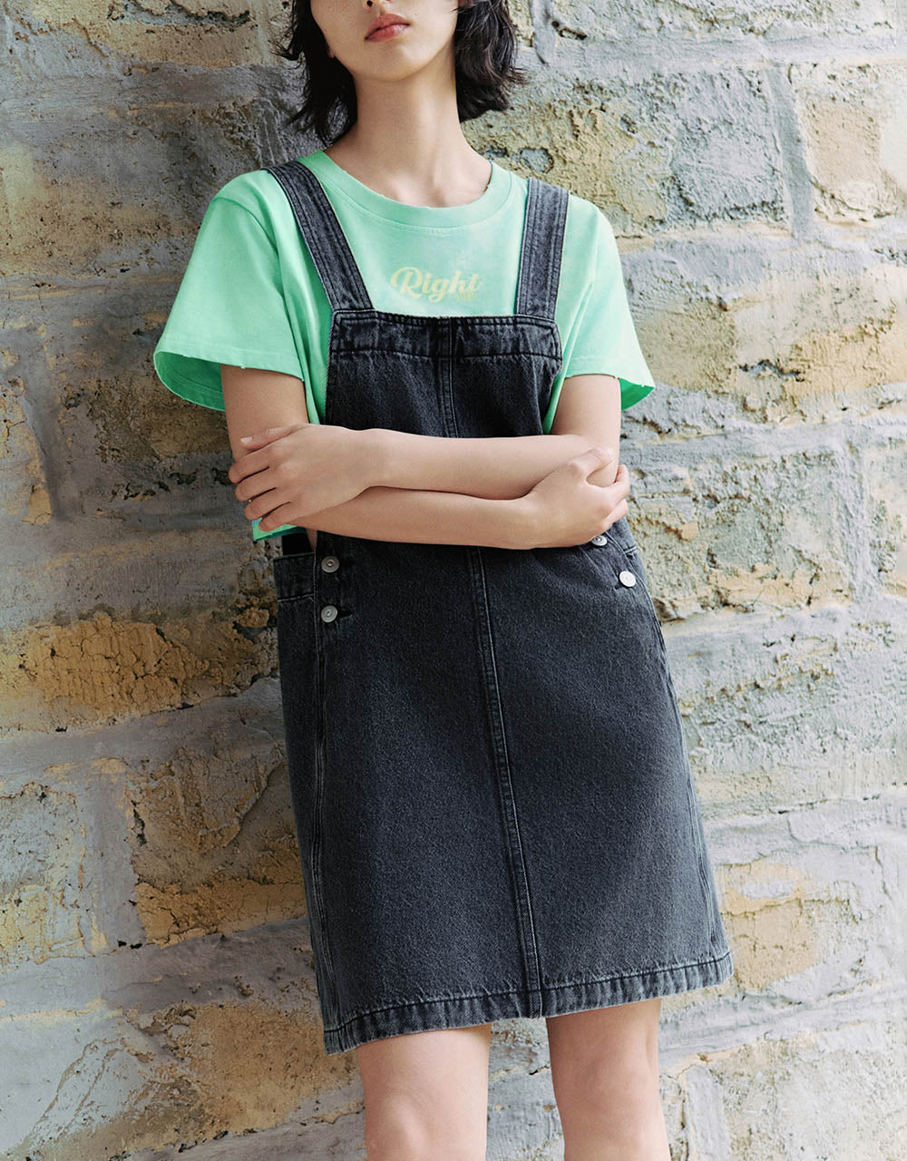 Square-cut Collar Denim Pinafore Dress