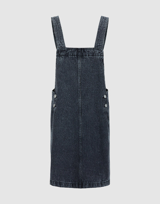 Square-cut Collar Denim Pinafore Dress