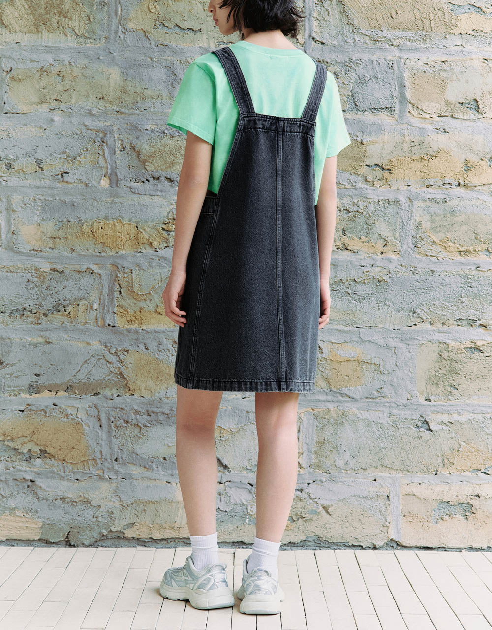 Square-cut Collar Denim Pinafore Dress