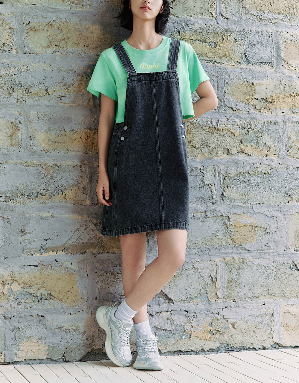 Square-cut Collar Denim Pinafore Dress