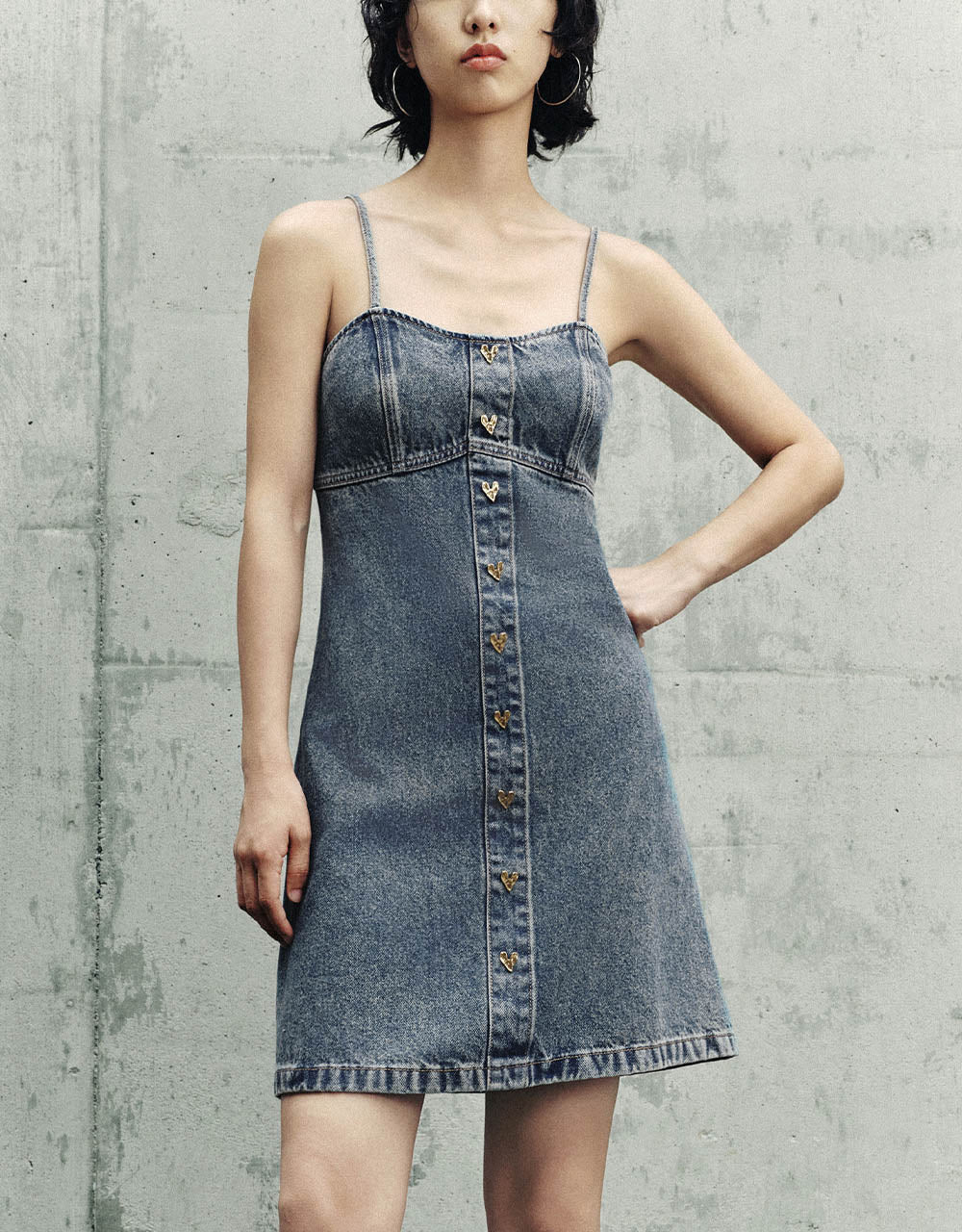 Square-cut Collar Denim Cami Dress