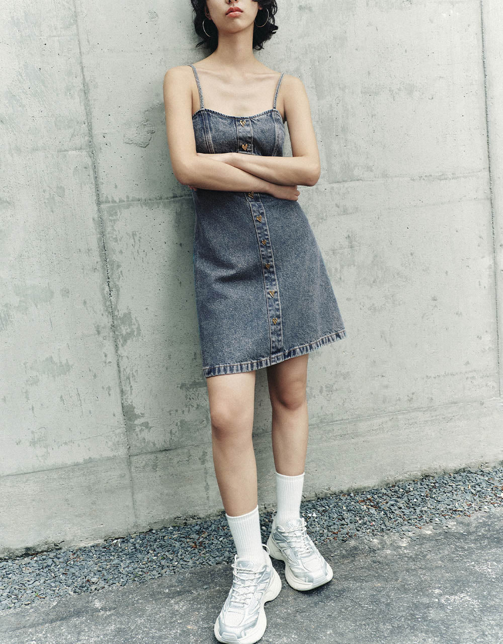 Square-cut Collar Denim Cami Dress