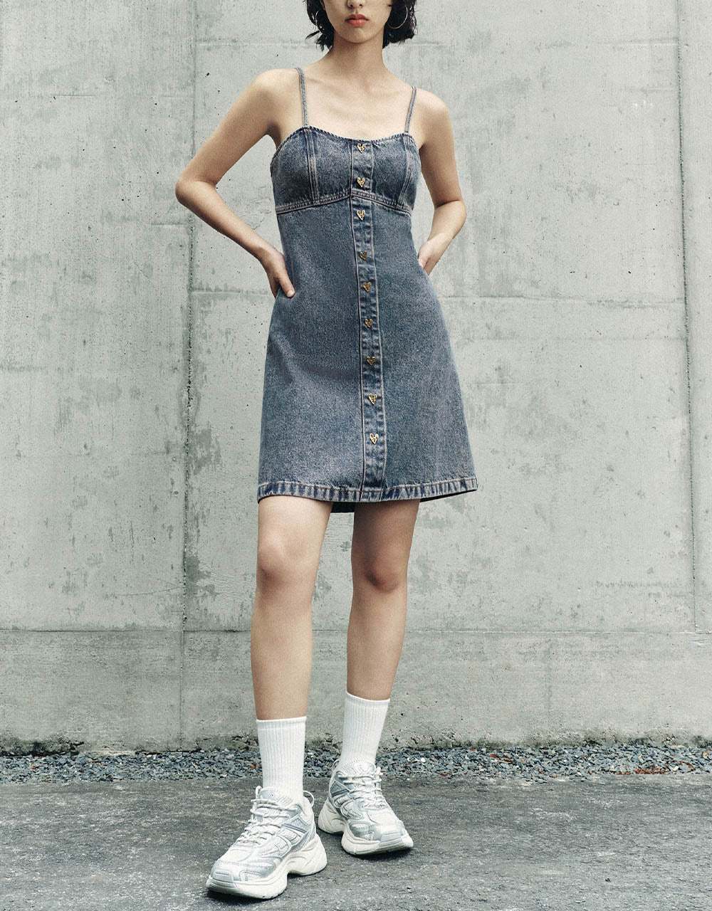 Square-cut Collar Denim Cami Dress