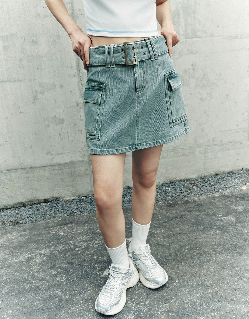 Mini A-Line Denim Skirt With Belt