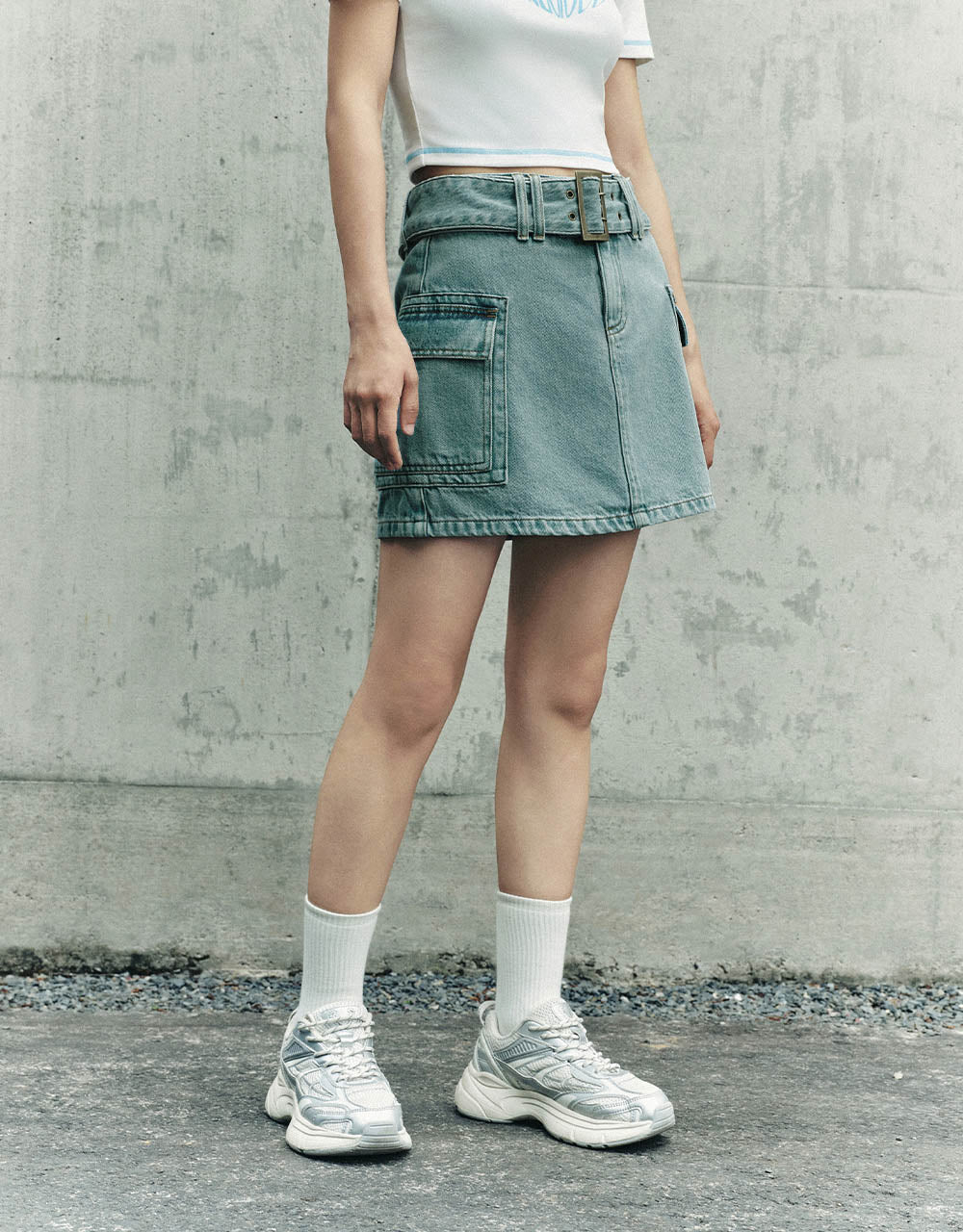 Mini A-Line Denim Skirt With Belt