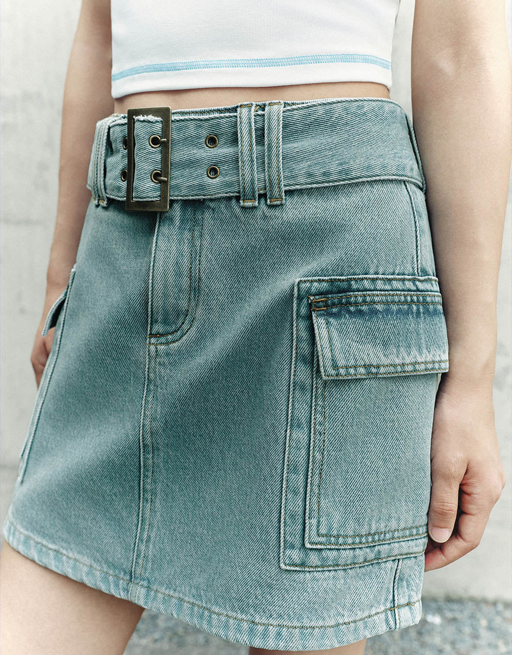 Mini A-Line Denim Skirt With Belt