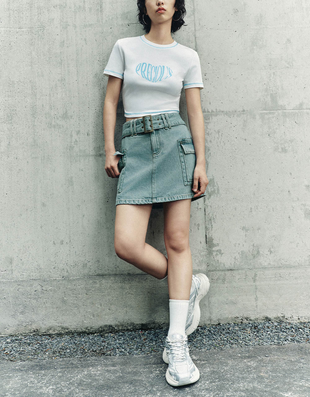 Mini A-Line Denim Skirt With Belt