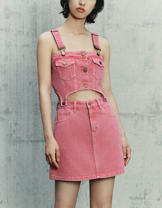 Cut-Out Mini Denim Pinafore Dress