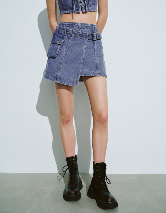 Mini A-Line Denim Skirt With Belt