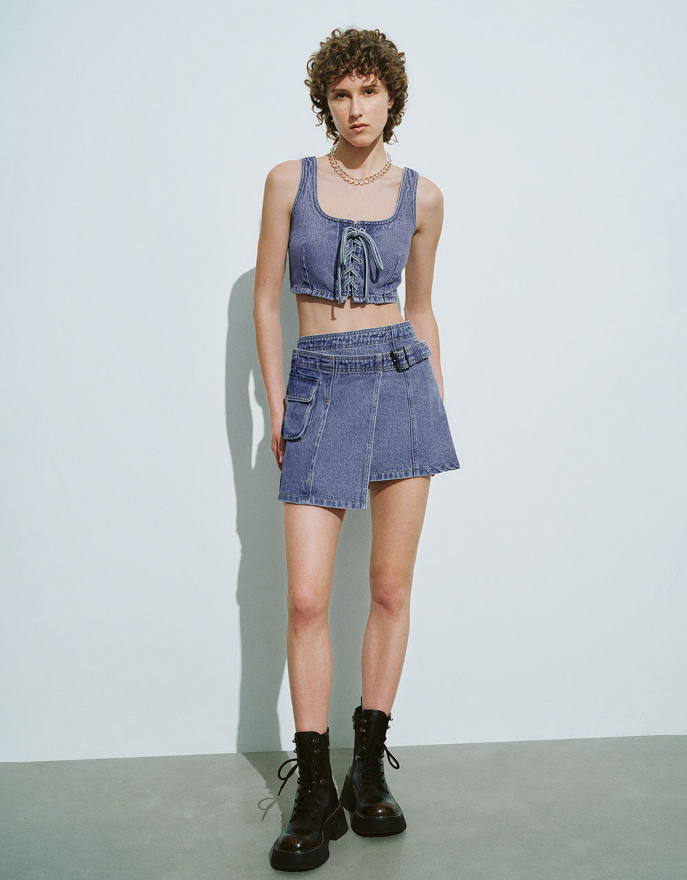 Mini A-Line Denim Skirt With Belt