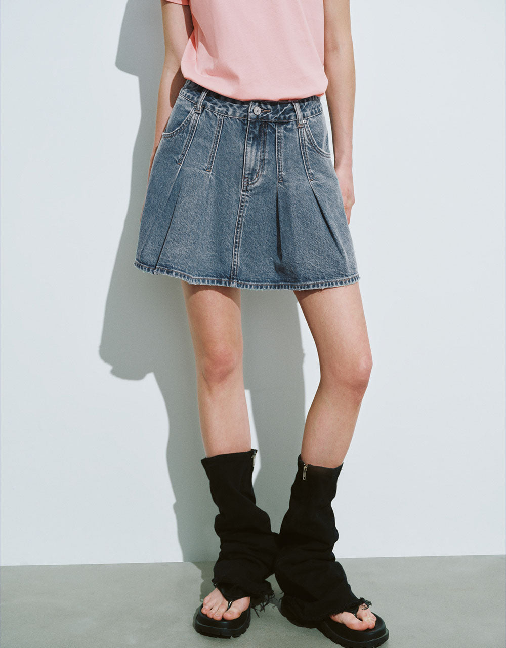 Pleated Mini A-Line Denim Skirt