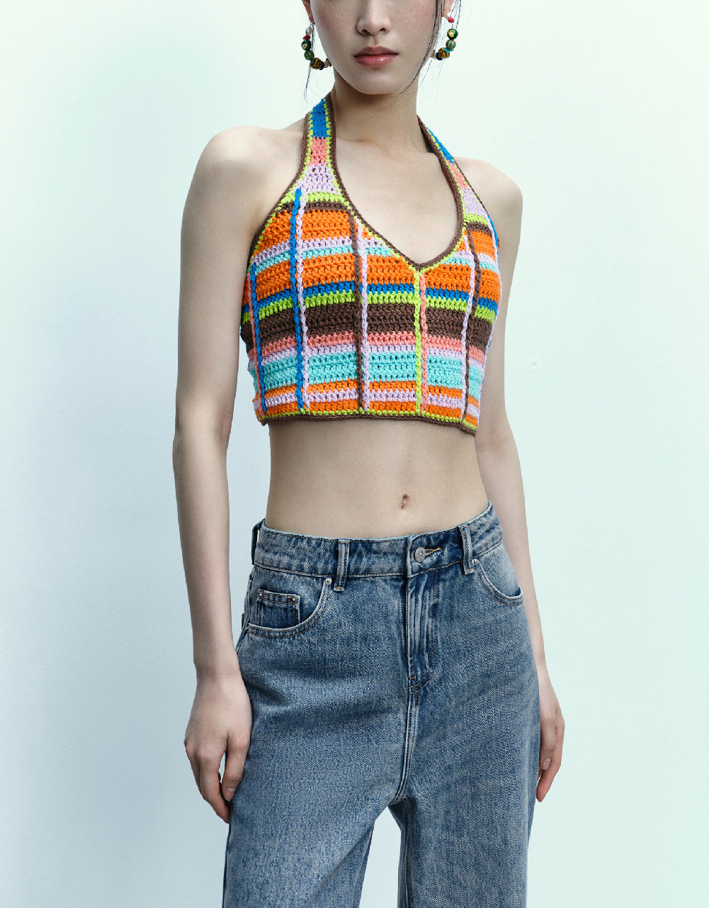 Halter Neck Crochet Striped Vest