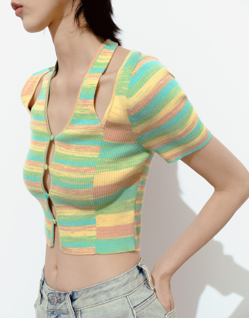 Striped Cut-Out Knitted T-Shirt