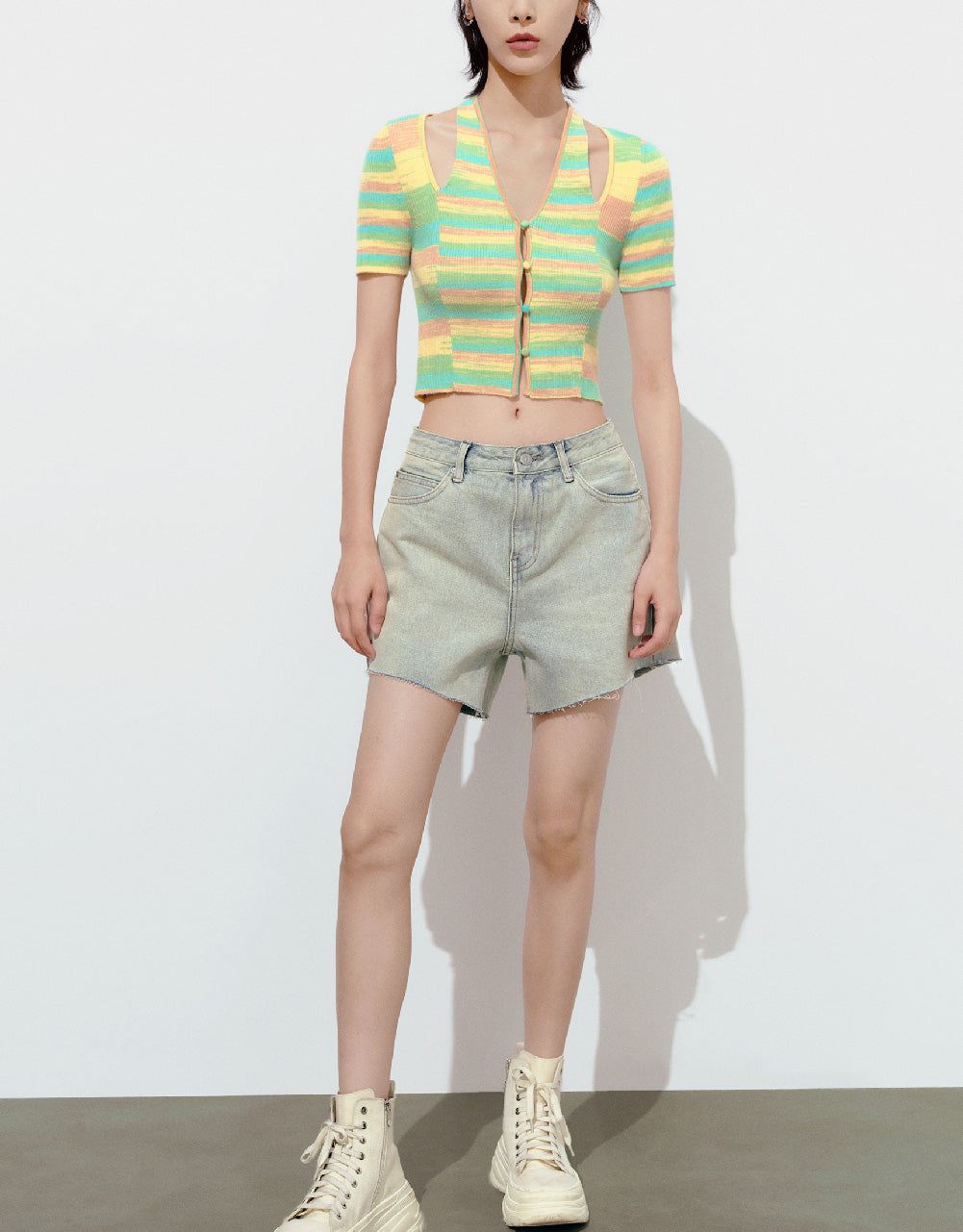 Striped Cut-Out Knitted T-Shirt