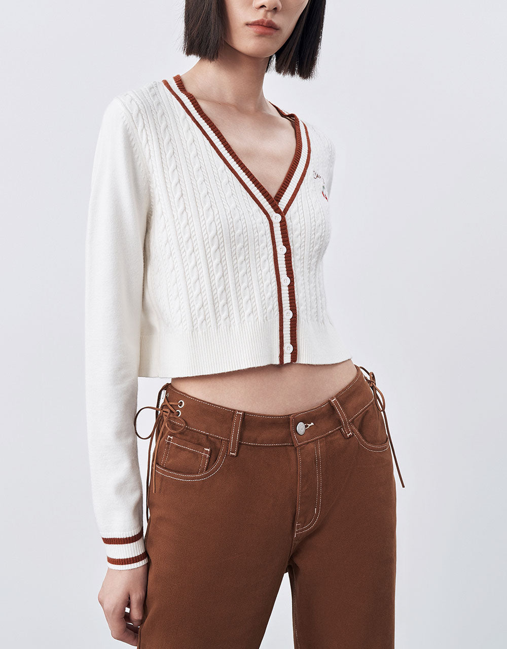 Cherry Embroidered V-Neck Knitted Cardigan