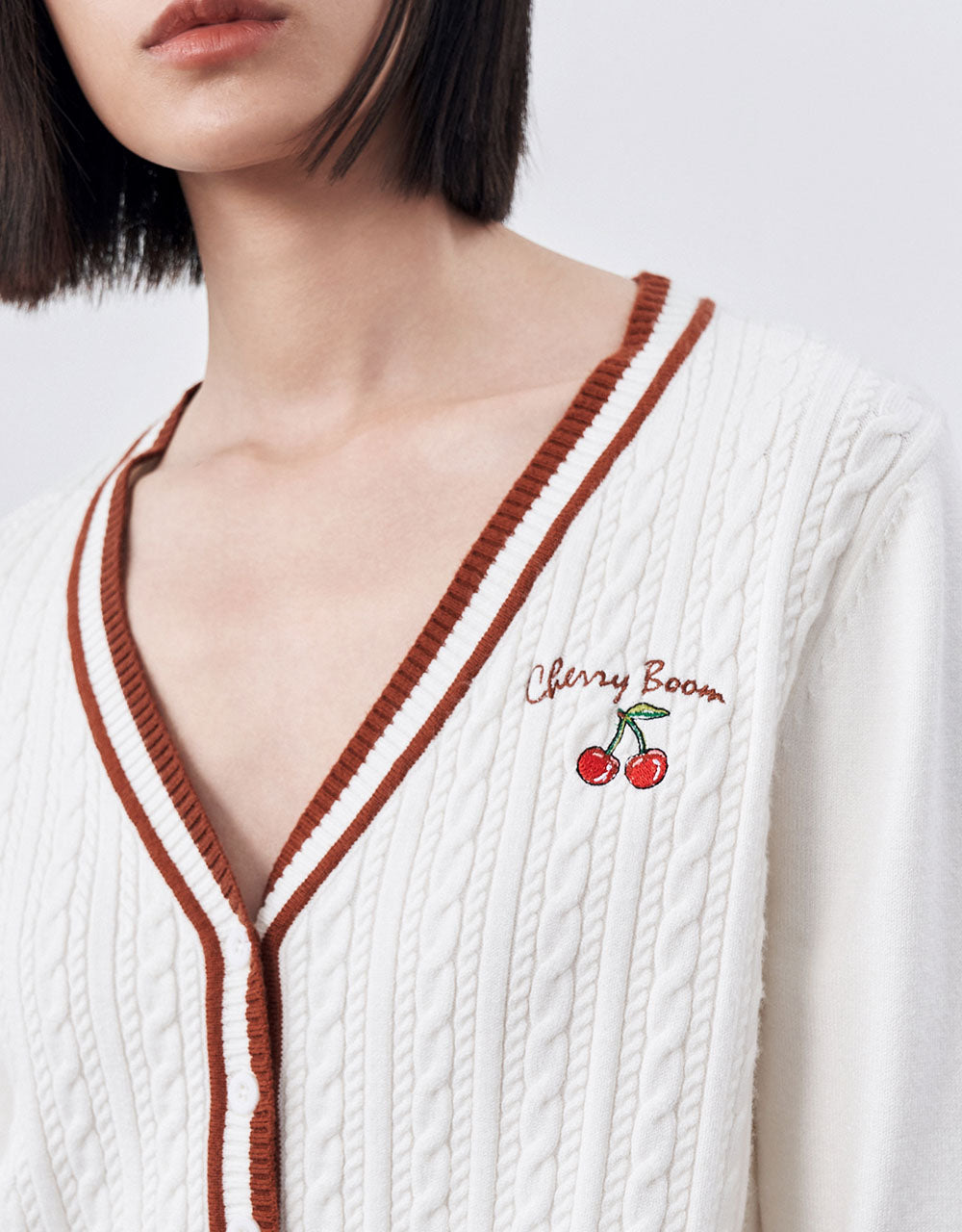 Cherry Embroidered V-Neck Knitted Cardigan