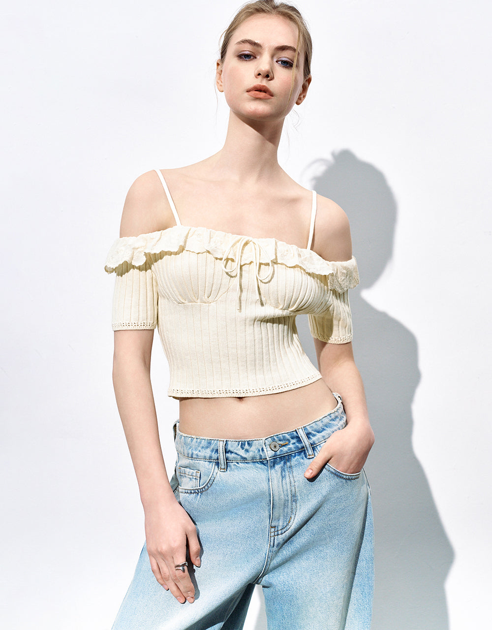 Off-Shoulder Skinny Knitted T-Shirt