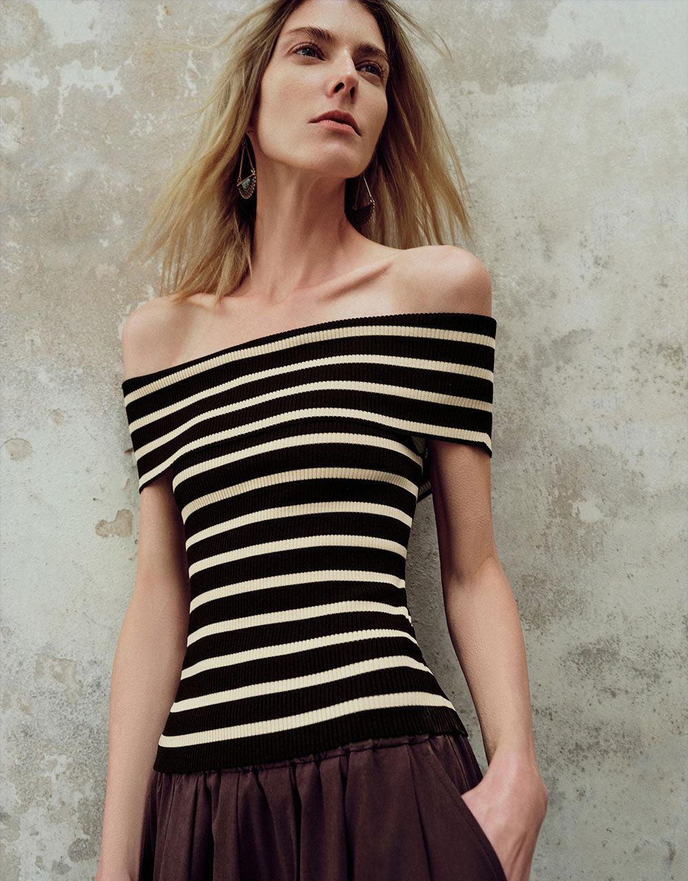 Striped Off-Shoulder Knitted T-Shirt