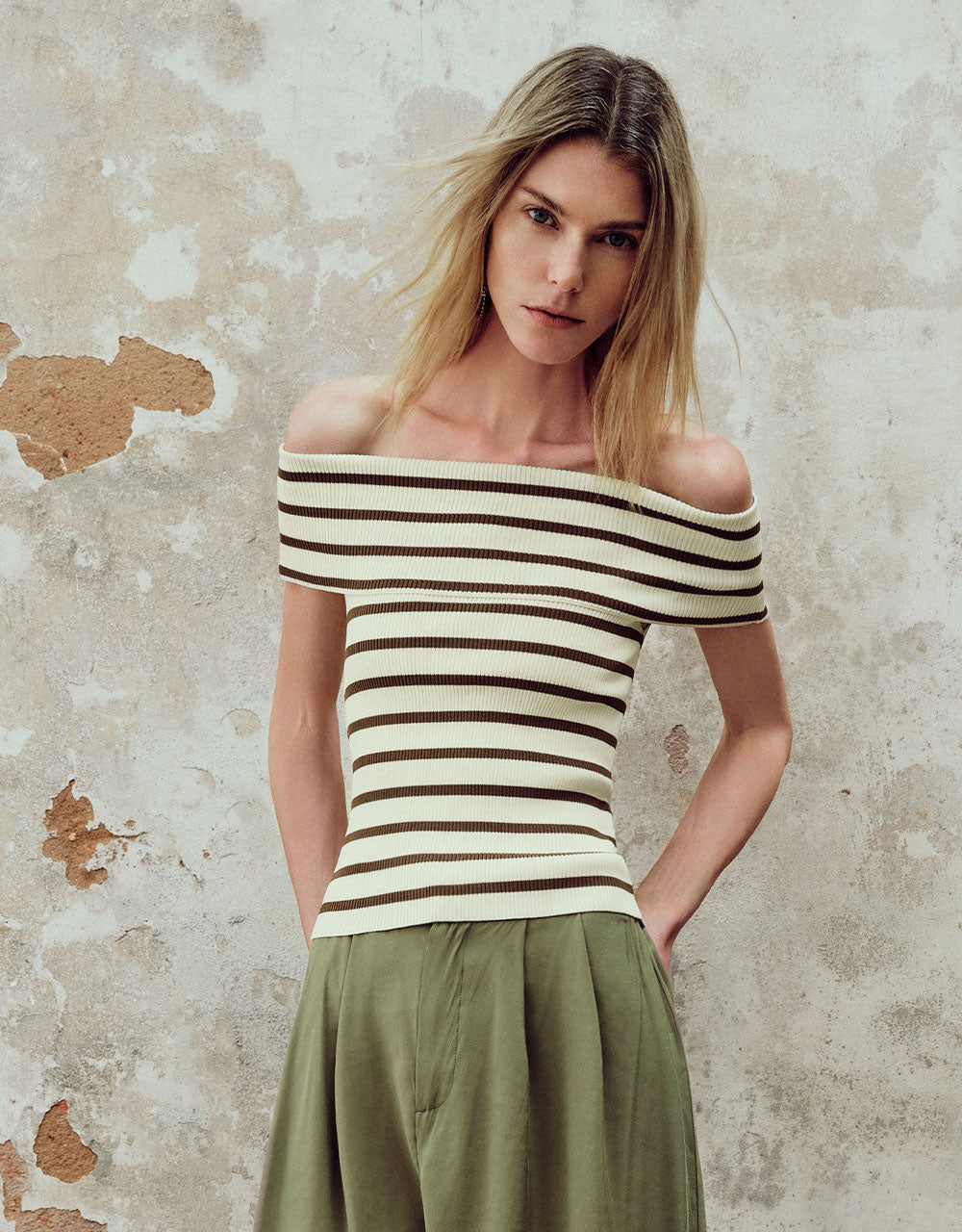 Striped Off-Shoulder Knitted T-Shirt