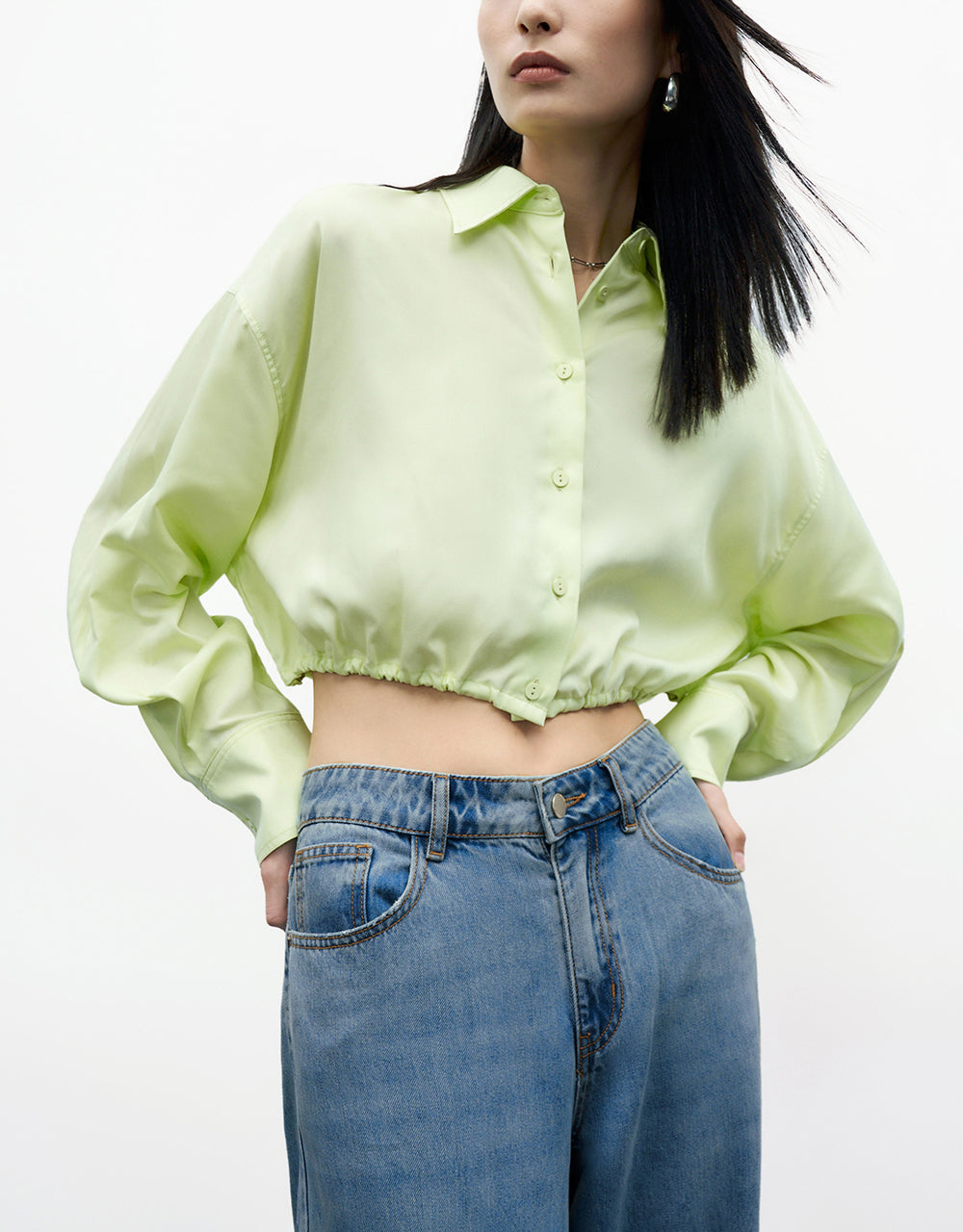 Elastic Hem Cropped Balloon Shirt