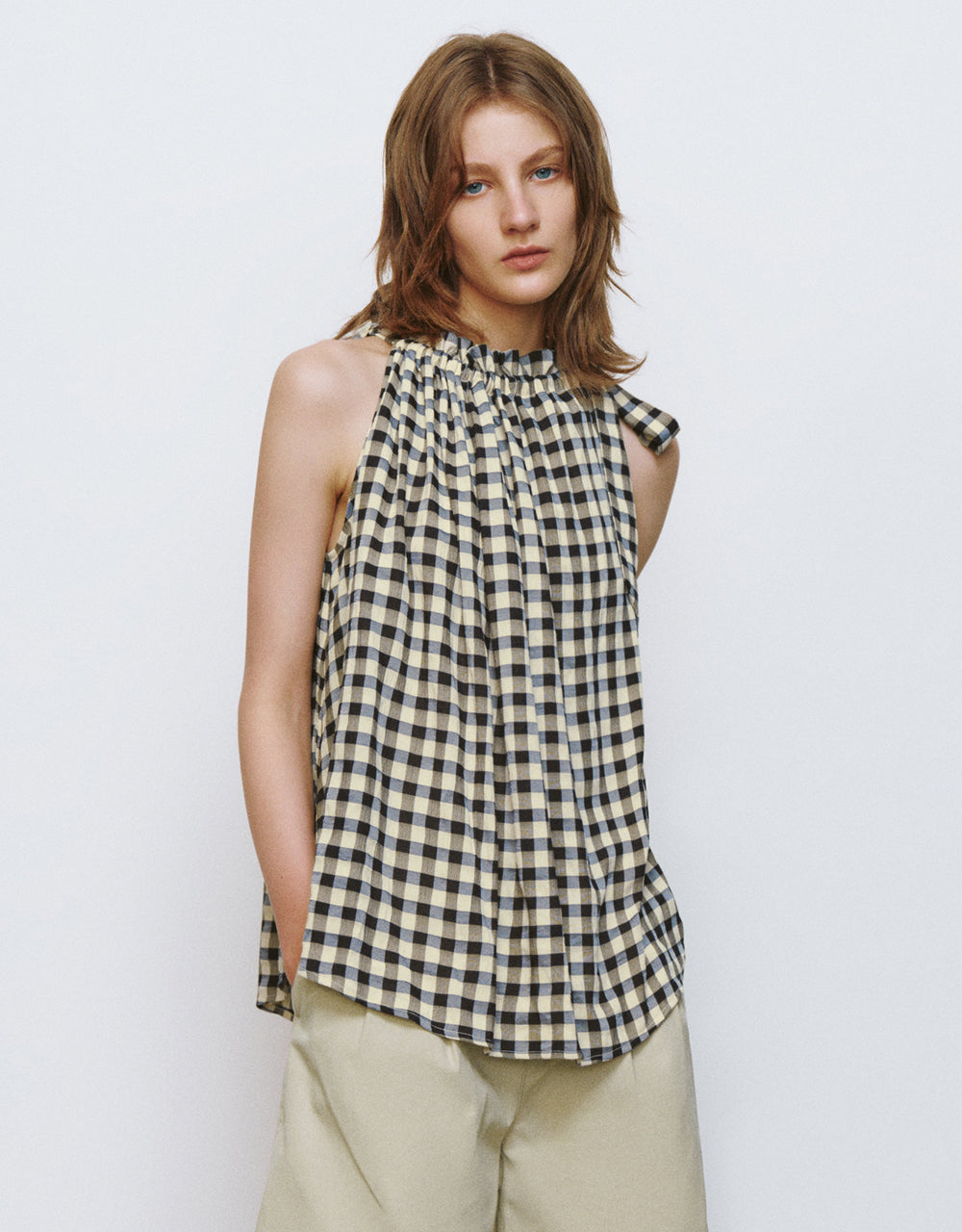 Halter Neck Plaid Sleeveless Blouse