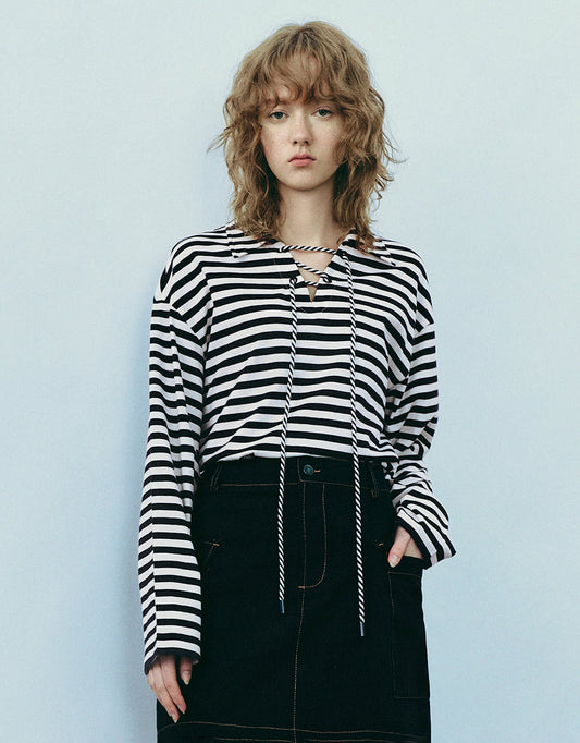 Striped Lapel Loose T-Shirt