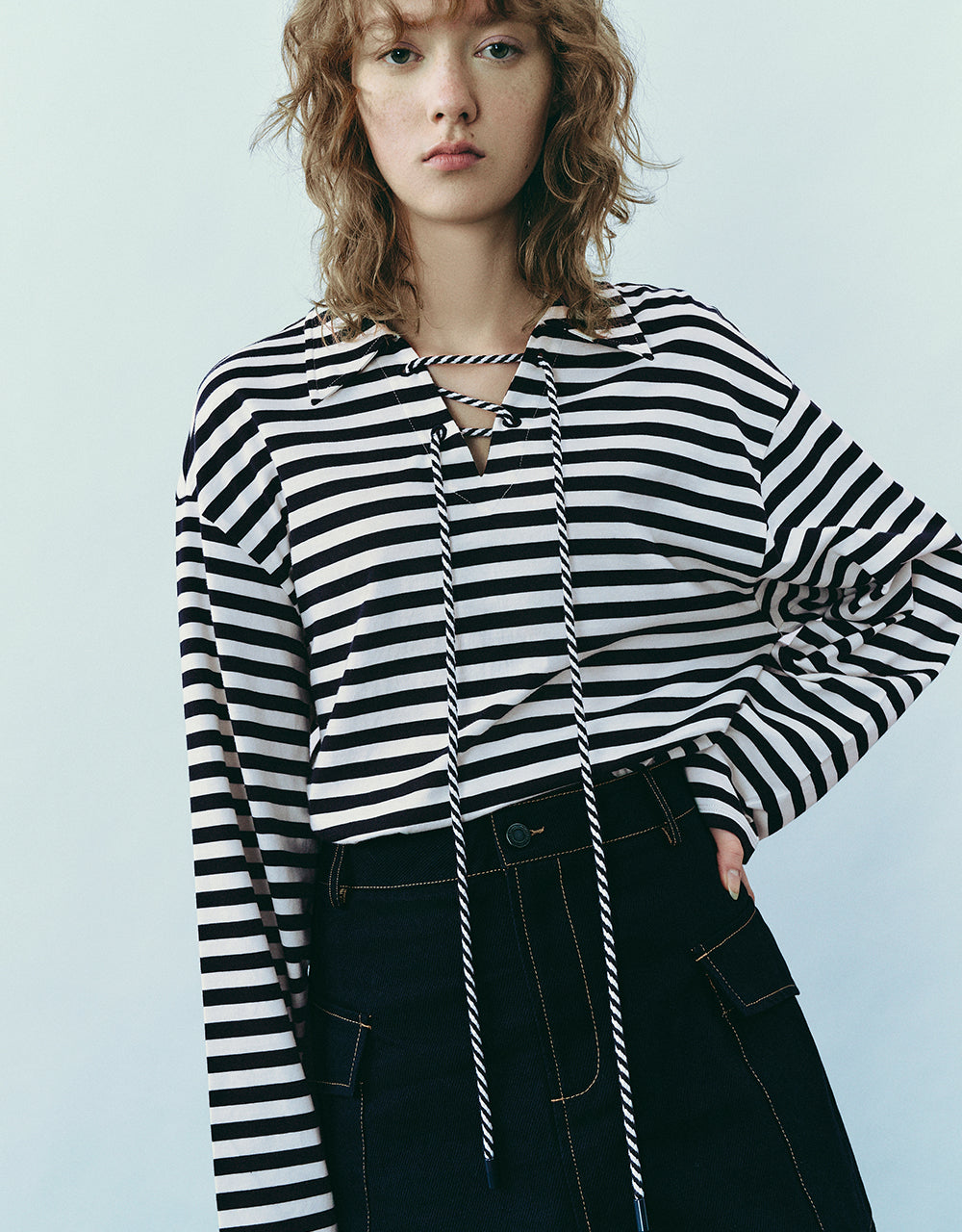 Striped Lapel Loose T-Shirt