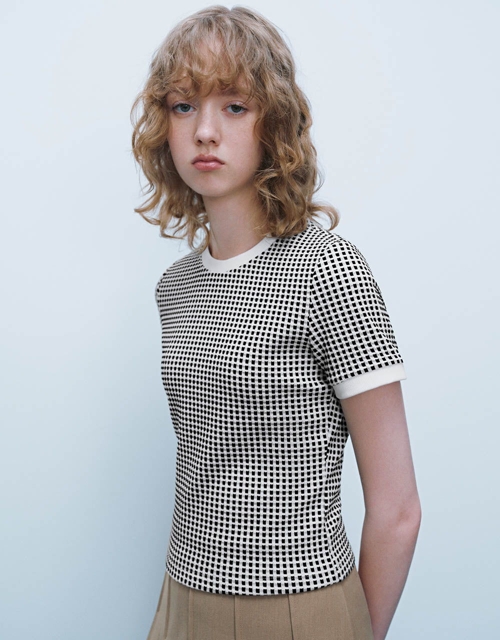 Checkered Crew Neck Knitted T-Shirt