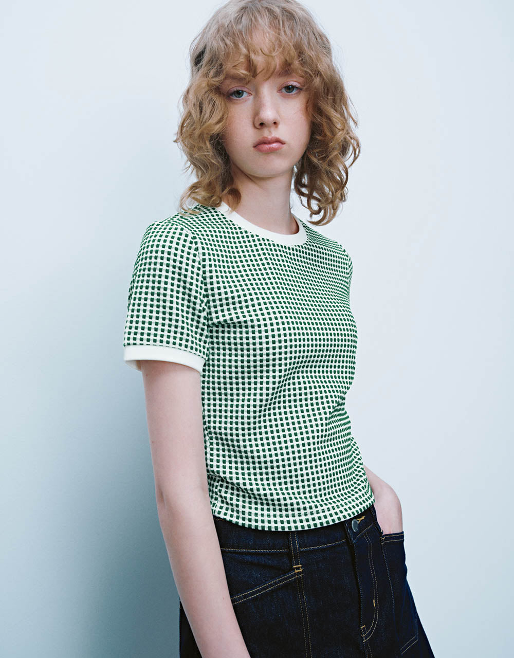 Checkered Crew Neck Knitted T-Shirt